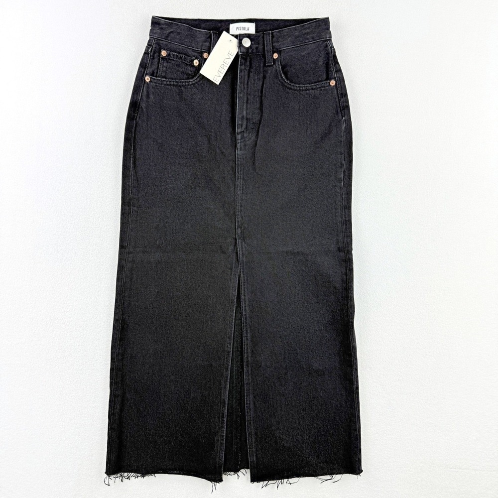 Pistola Long Black Denim Skirt Size 25 Alice Front Slit Fray Hem 100% Cotton NWT